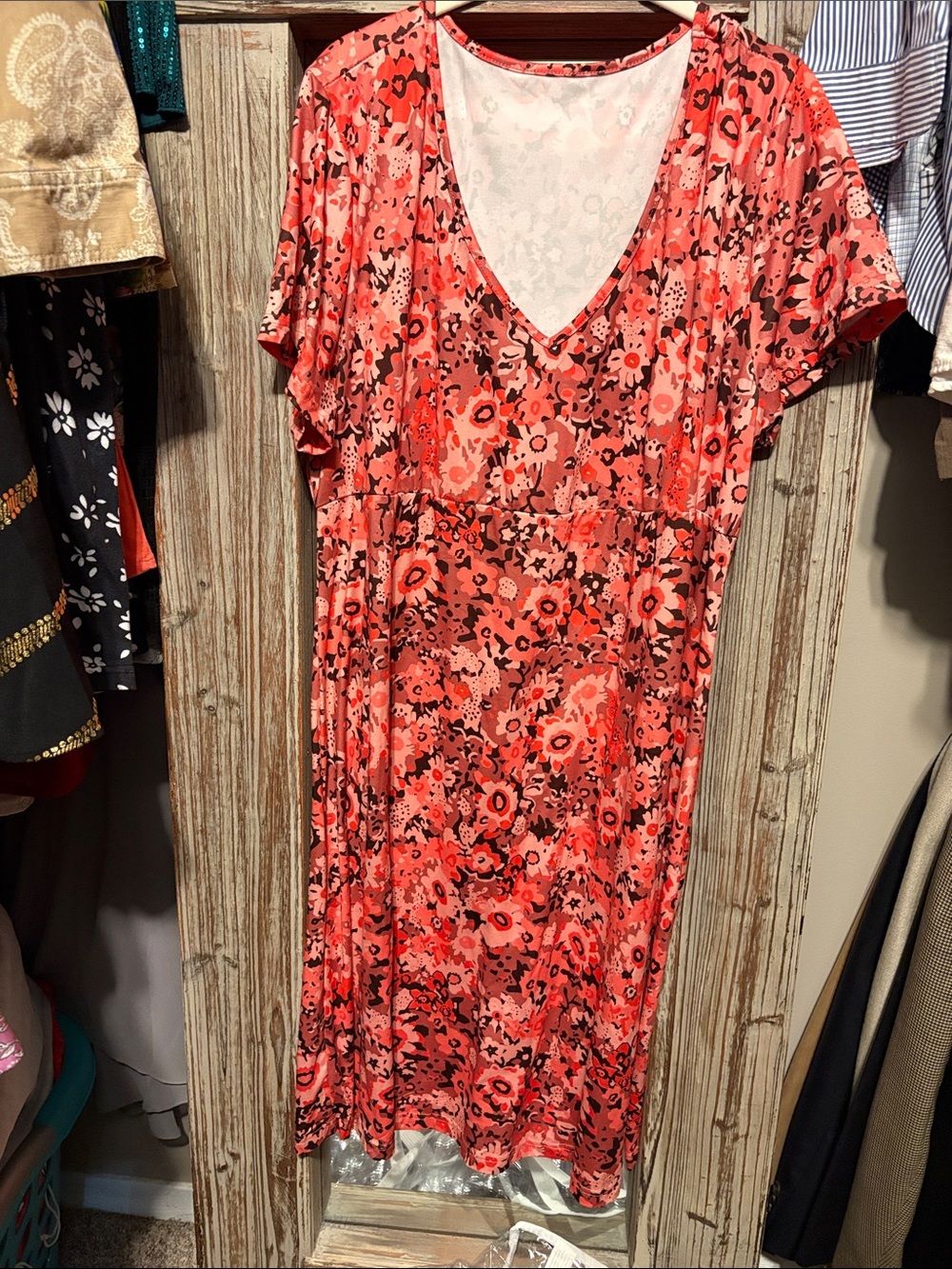 Women's Floral V-Neck Coral Dress